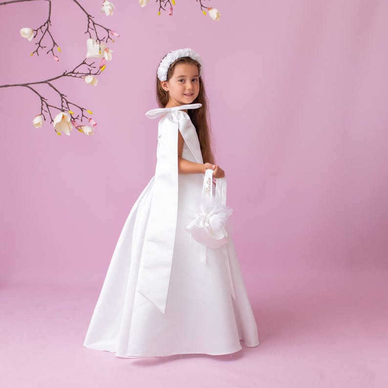 Elegant One-Shoulder Satin Flower Girl Dress with Oversized Bow