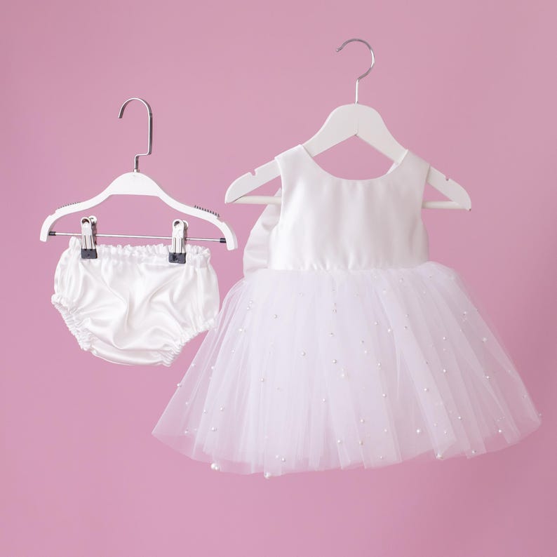 Pearl Tulle Flower Girl Dress: Satin Diaper Cover, Removable Bow