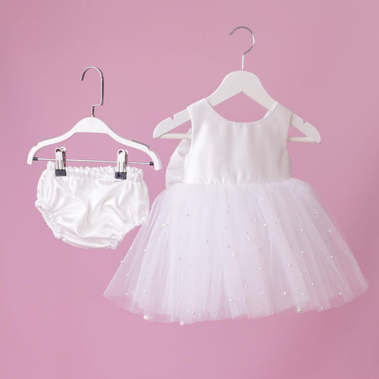 Pearl Tulle Flower Girl Dress: Satin Diaper Cover, Removable Bow