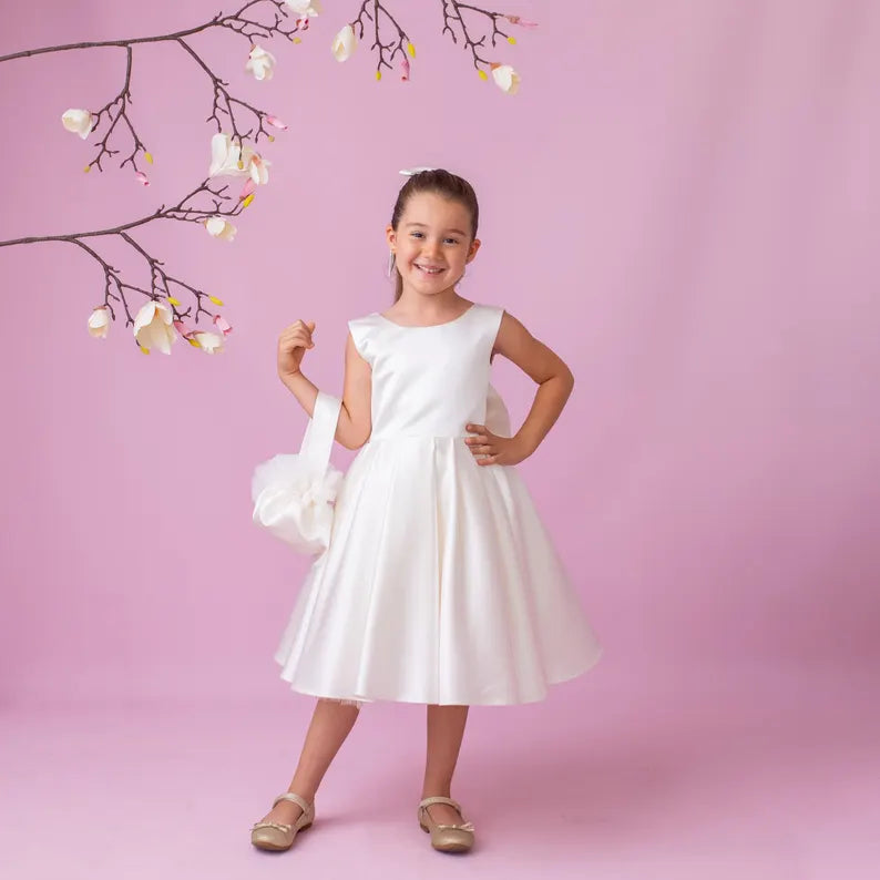 Ivory Satin Flower Girl Dress: V-Back Wedding Gown with Bow