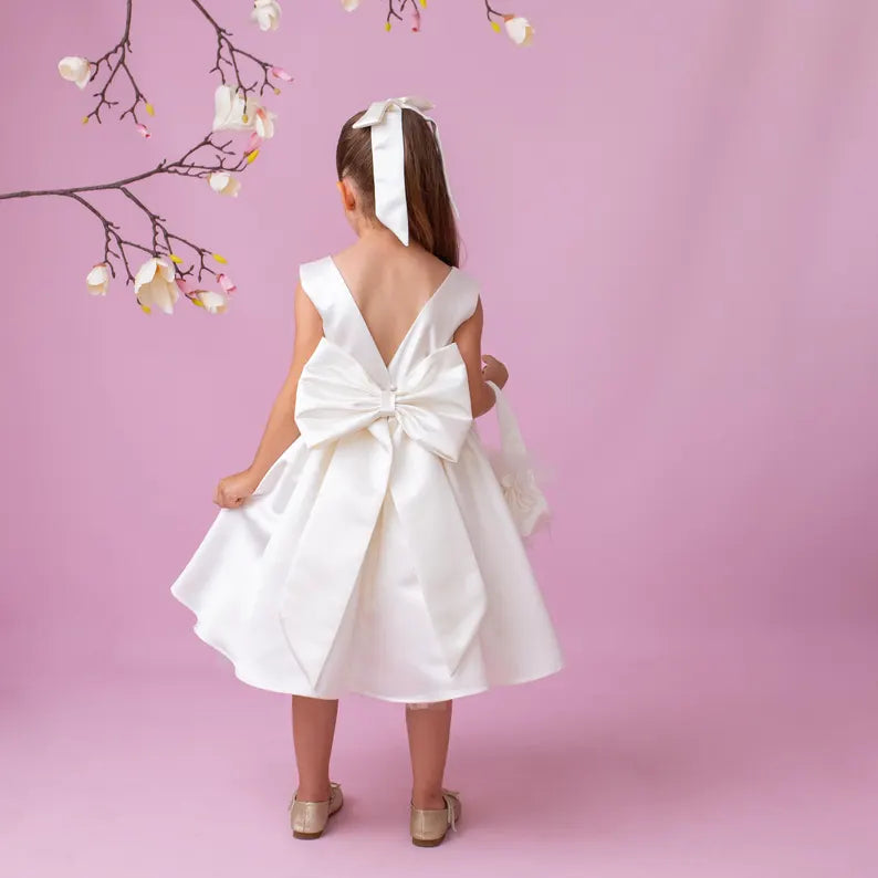 Ivory Satin Flower Girl Dress: V-Back Wedding Gown with Bow