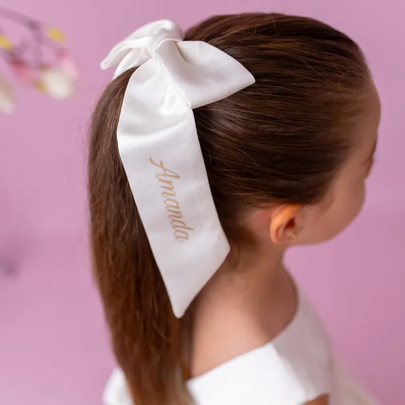 Ivory Satin Flower Girl Dress: V-Back Wedding Gown with Bow