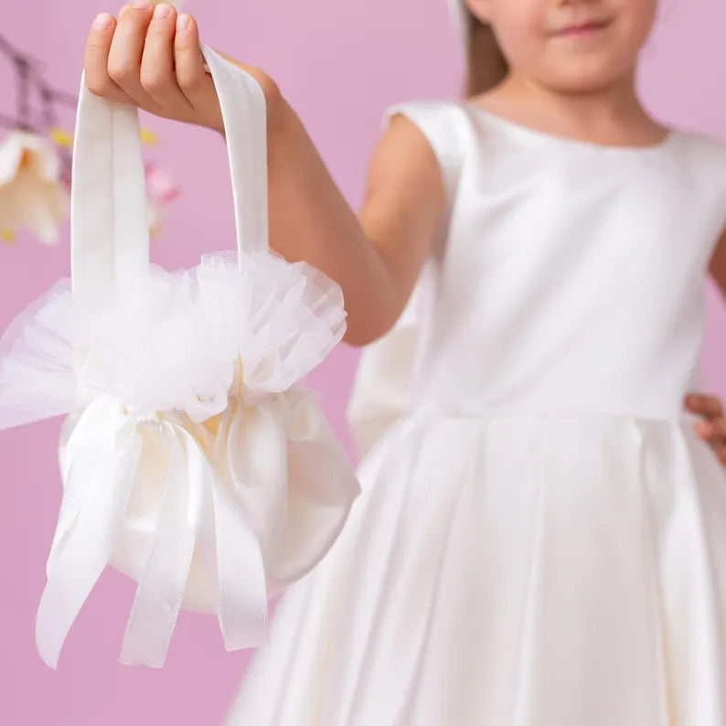 Ivory Satin Flower Girl Dress: V-Back Wedding Gown with Bow
