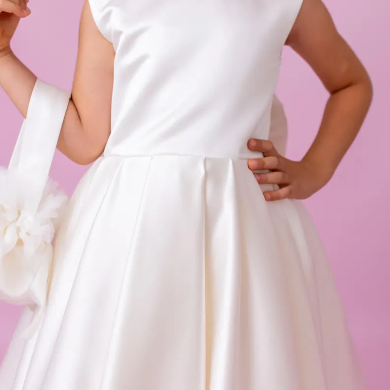 Ivory Satin Flower Girl Dress: V-Back Wedding Gown with Bow