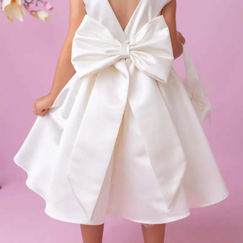 Ivory Satin Flower Girl Dress: V-Back Wedding Gown with Bow