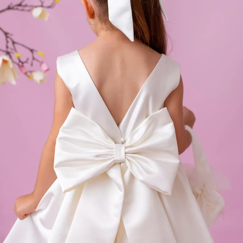 Ivory Satin Flower Girl Dress: V-Back Wedding Gown with Bow