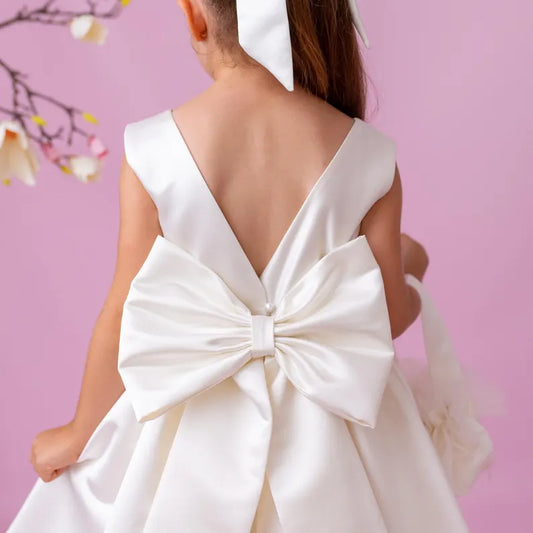 Ivory Satin Flower Girl Dress: V-Back Wedding Gown with Bow