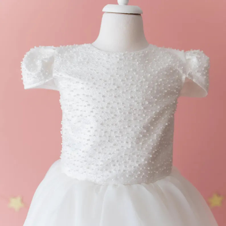 Elegant Off-White Flower Girl Dress with Pearls, Satin Bows