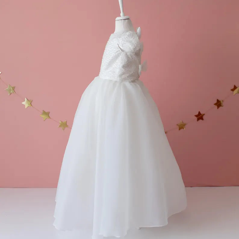 Elegant Off-White Flower Girl Dress with Pearls, Satin Bows