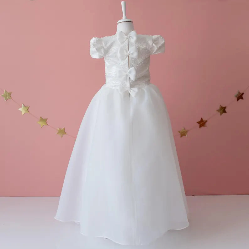 Elegant Off-White Flower Girl Dress with Pearls, Satin Bows