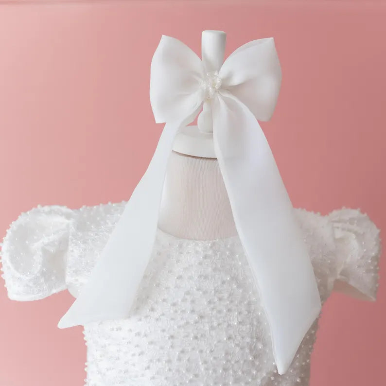 Elegant Off-White Flower Girl Dress with Pearls, Satin Bows