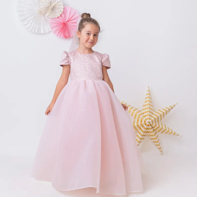 Elegant Blush Pink Flower Girl Dress with Pearls, Satin Bows