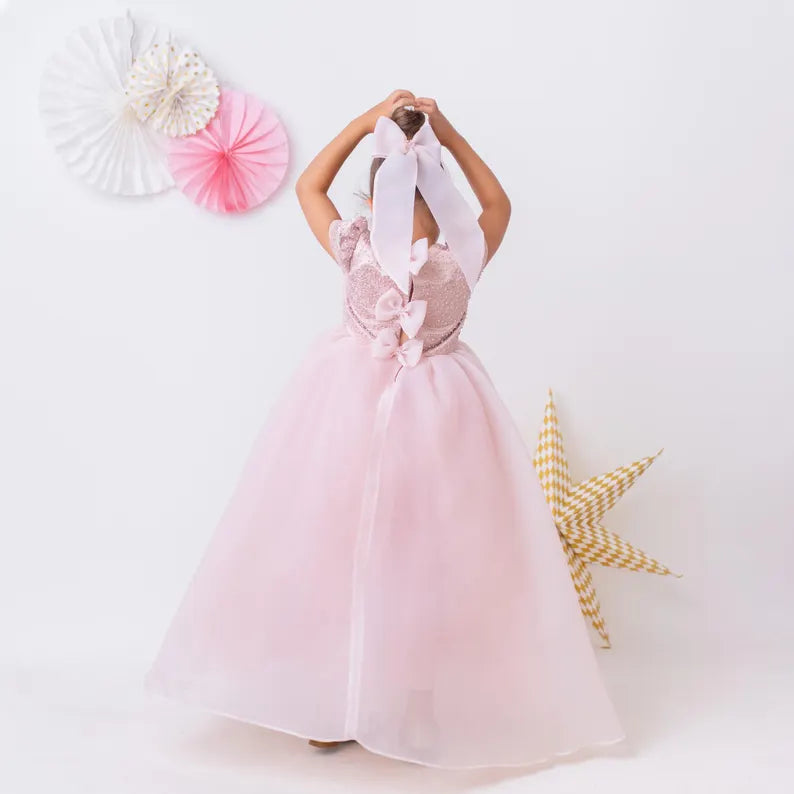 Elegant Blush Pink Flower Girl Dress with Pearls, Satin Bows