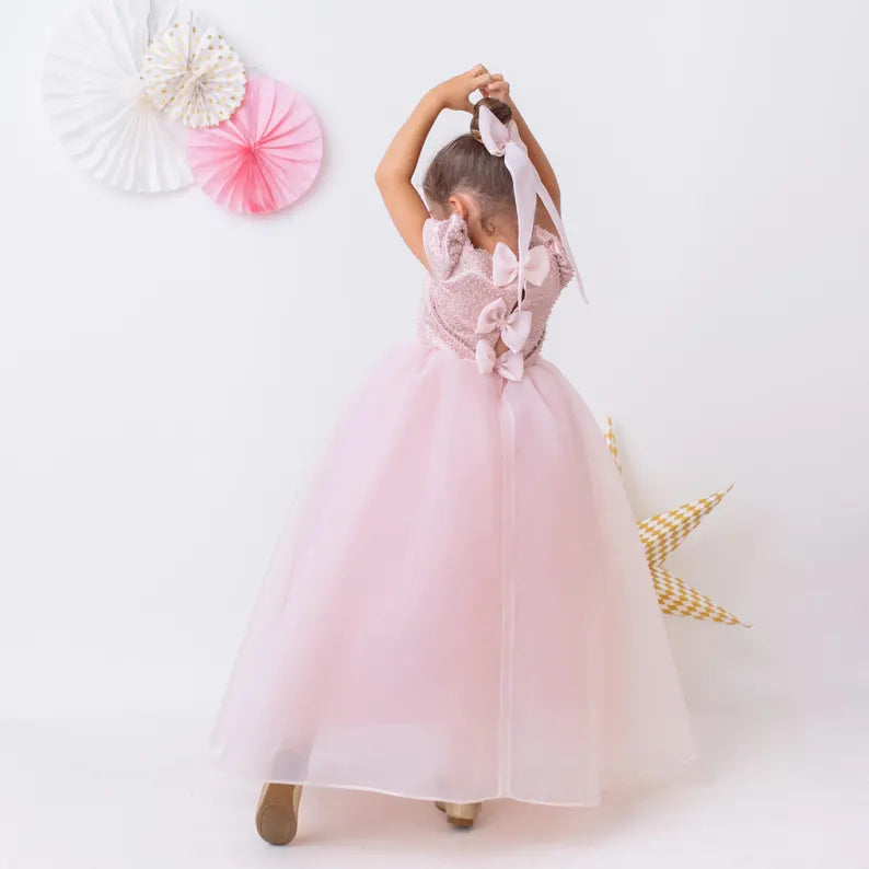Elegant Blush Pink Flower Girl Dress with Pearls, Satin Bows