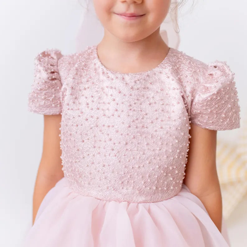 Elegant Blush Pink Flower Girl Dress with Pearls, Satin Bows