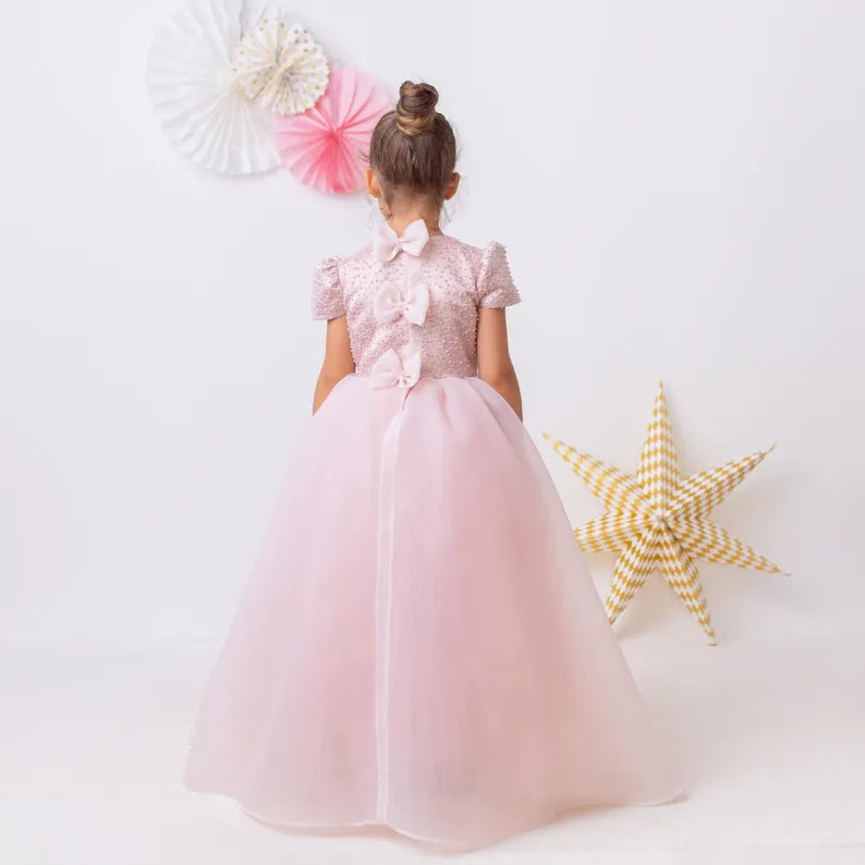 Elegant Blush Pink Flower Girl Dress with Pearls, Satin Bows