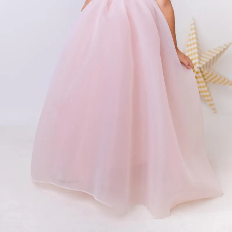 Elegant Blush Pink Flower Girl Dress with Pearls, Satin Bows