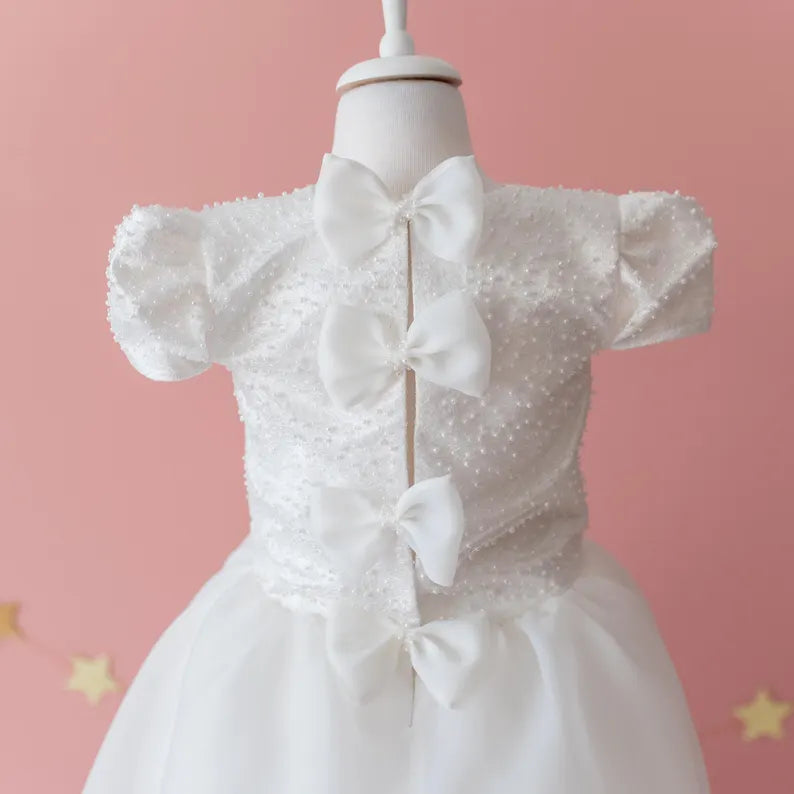 Elegant Off-White Flower Girl Dress with Pearls, Satin Bows