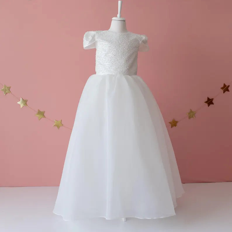 Elegant Off-White Flower Girl Dress with Pearls, Satin Bows