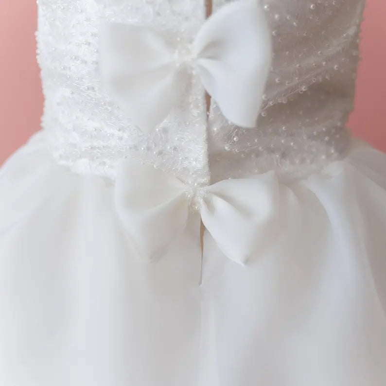 Elegant Off-White Flower Girl Dress with Pearls, Satin Bows