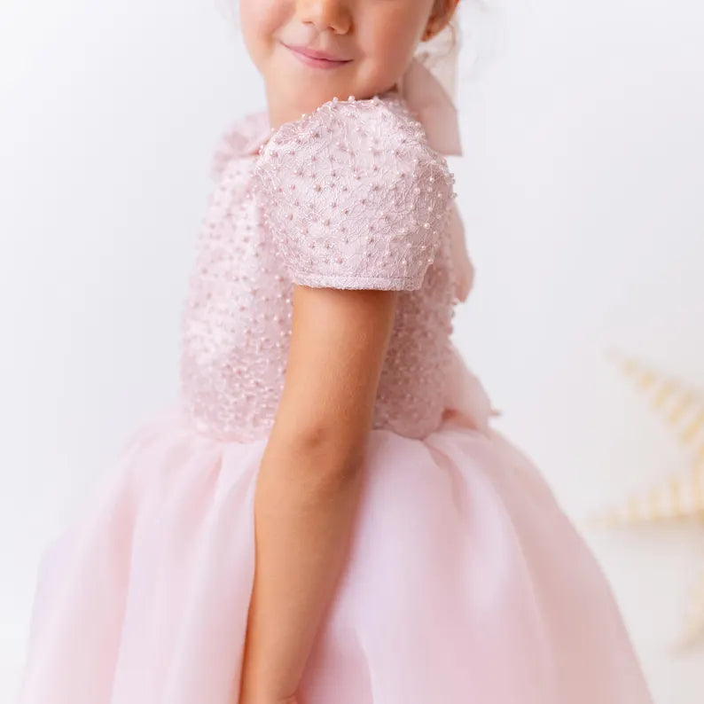 Elegant Blush Pink Flower Girl Dress with Pearls, Satin Bows