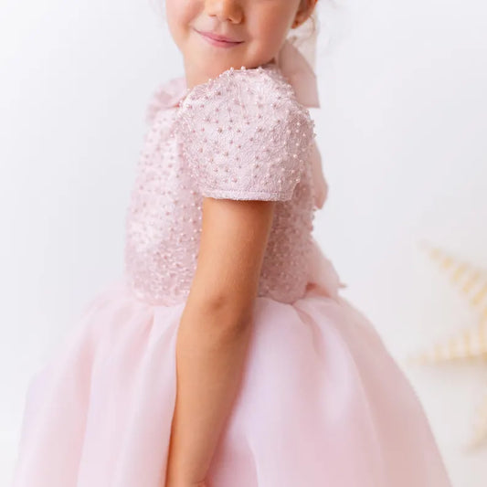 Elegant Blush Pink Flower Girl Dress with Pearls, Satin Bows
