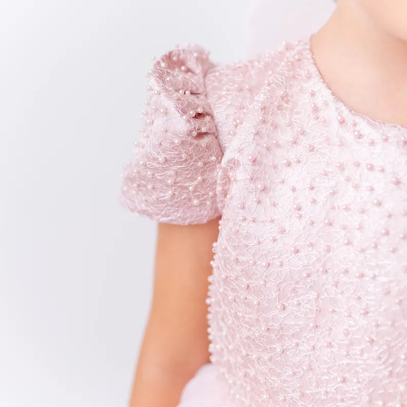 Elegant Blush Pink Flower Girl Dress with Pearls, Satin Bows