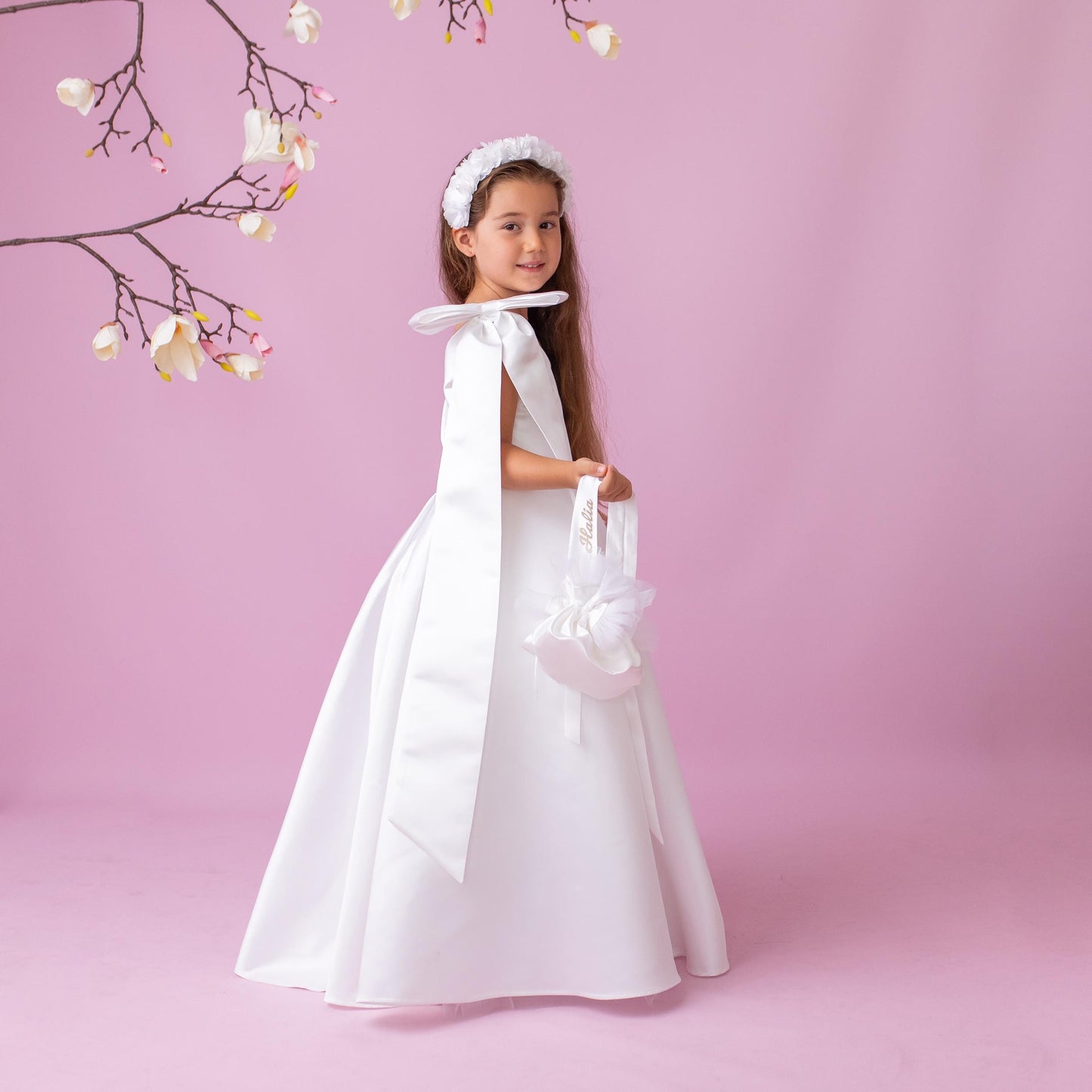 Pure White Satin Flower Girl Dress: Elegant One-Shoulder Gown with Oversized Bow