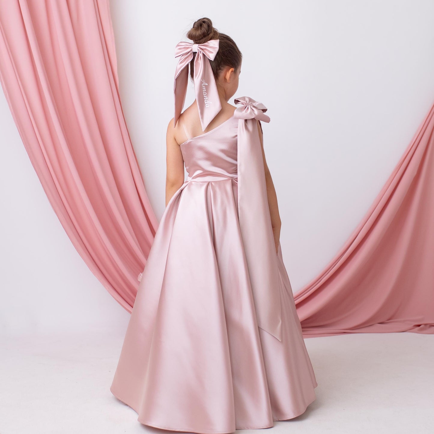 Elegant Blush Satin One Shoulder Flower Girl Dress with Oversized Bow