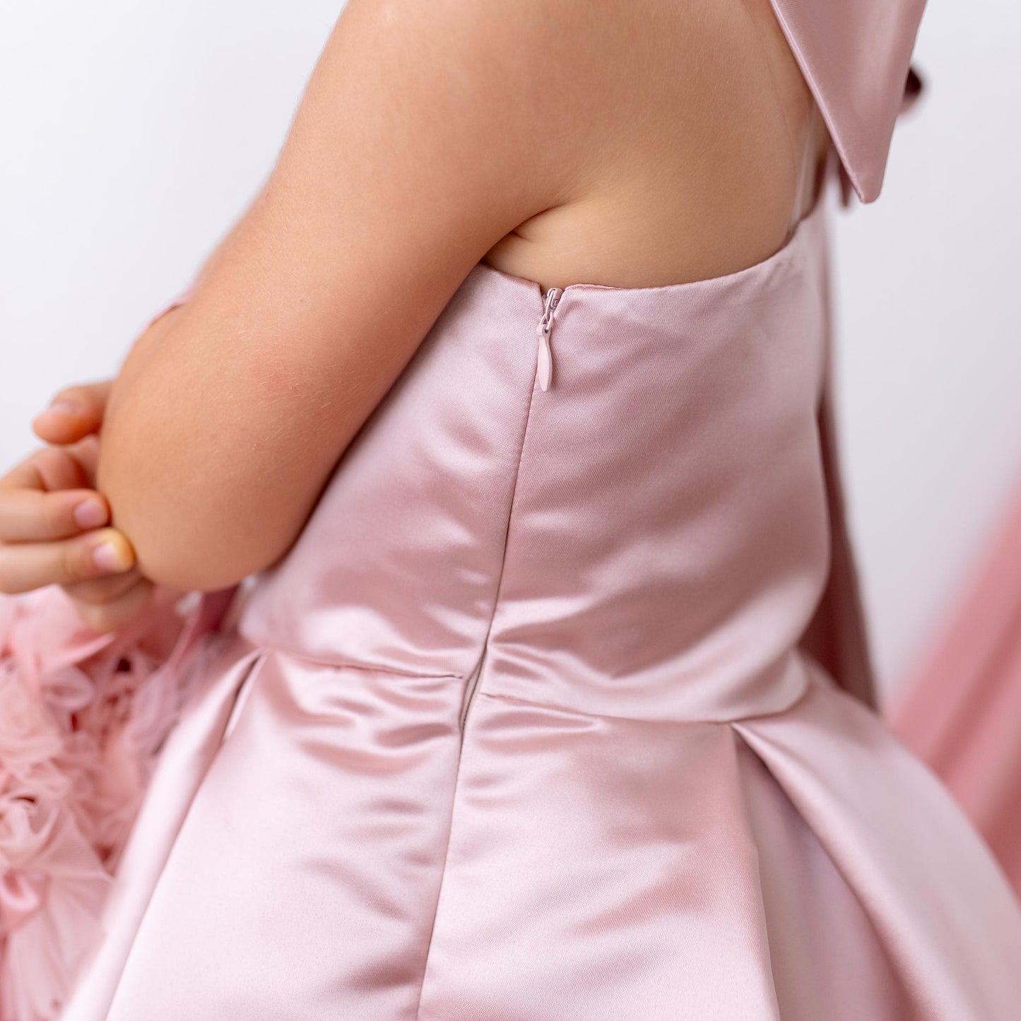 Elegant Blush Satin One Shoulder Flower Girl Dress with Oversized Bow