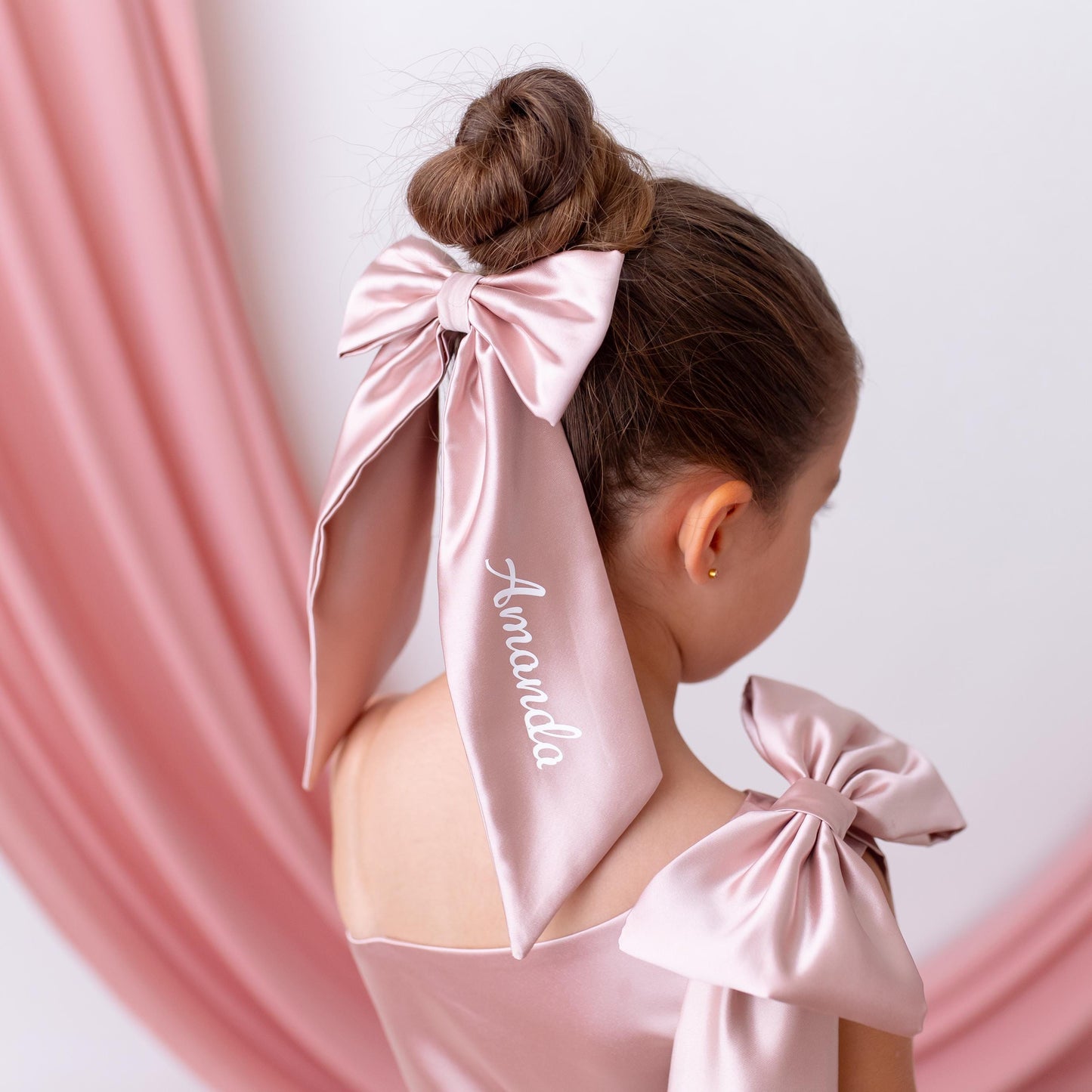 Elegant Blush Satin One Shoulder Flower Girl Dress with Oversized Bow
