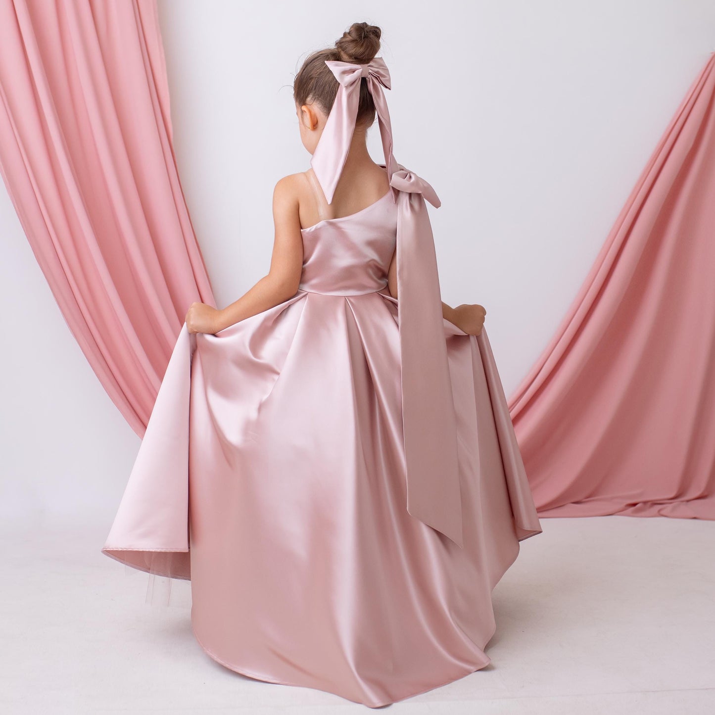 Elegant Blush Satin One Shoulder Flower Girl Dress with Oversized Bow