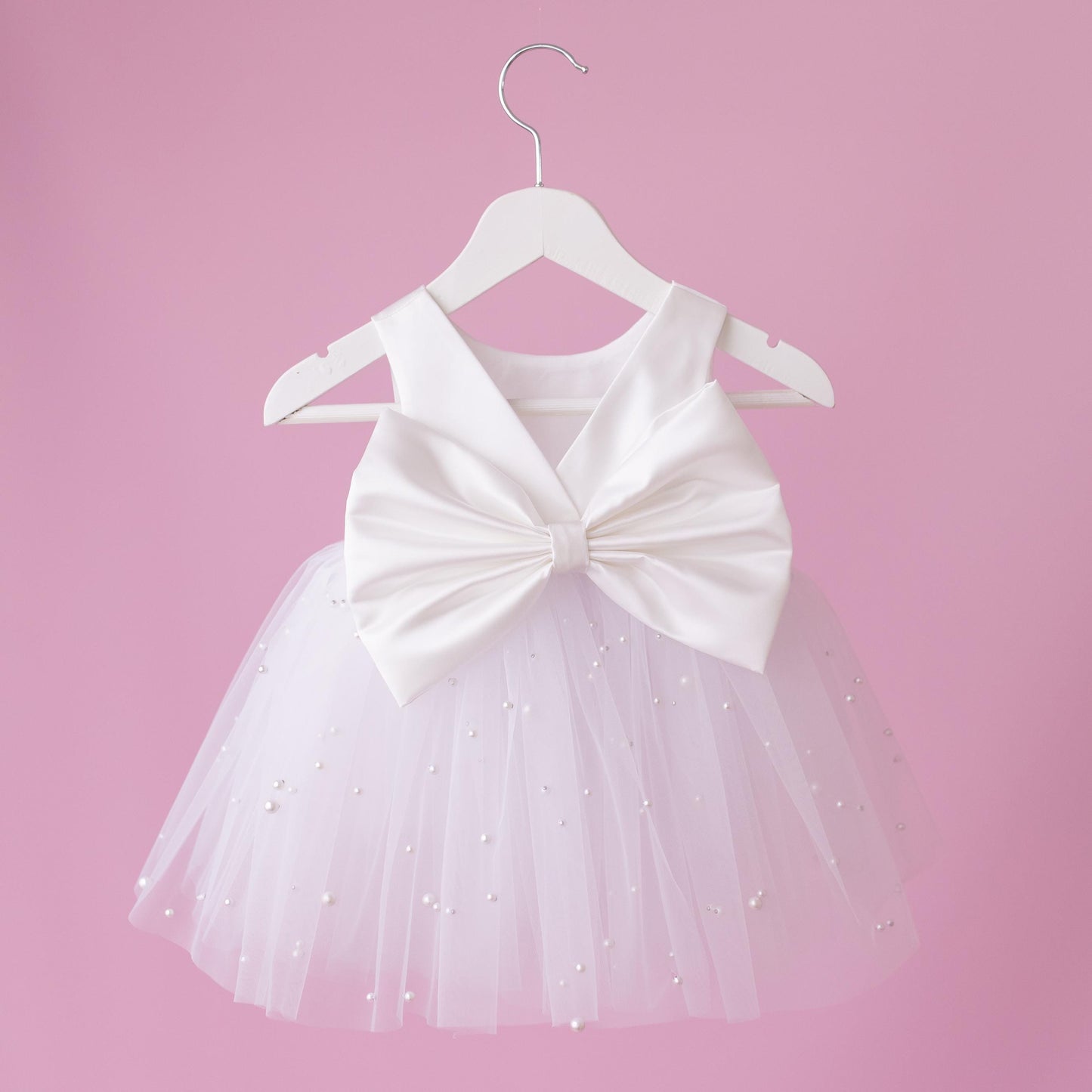Elegant Pearl Tulle Satin Flower Girl Dress & Diaper Cover Set