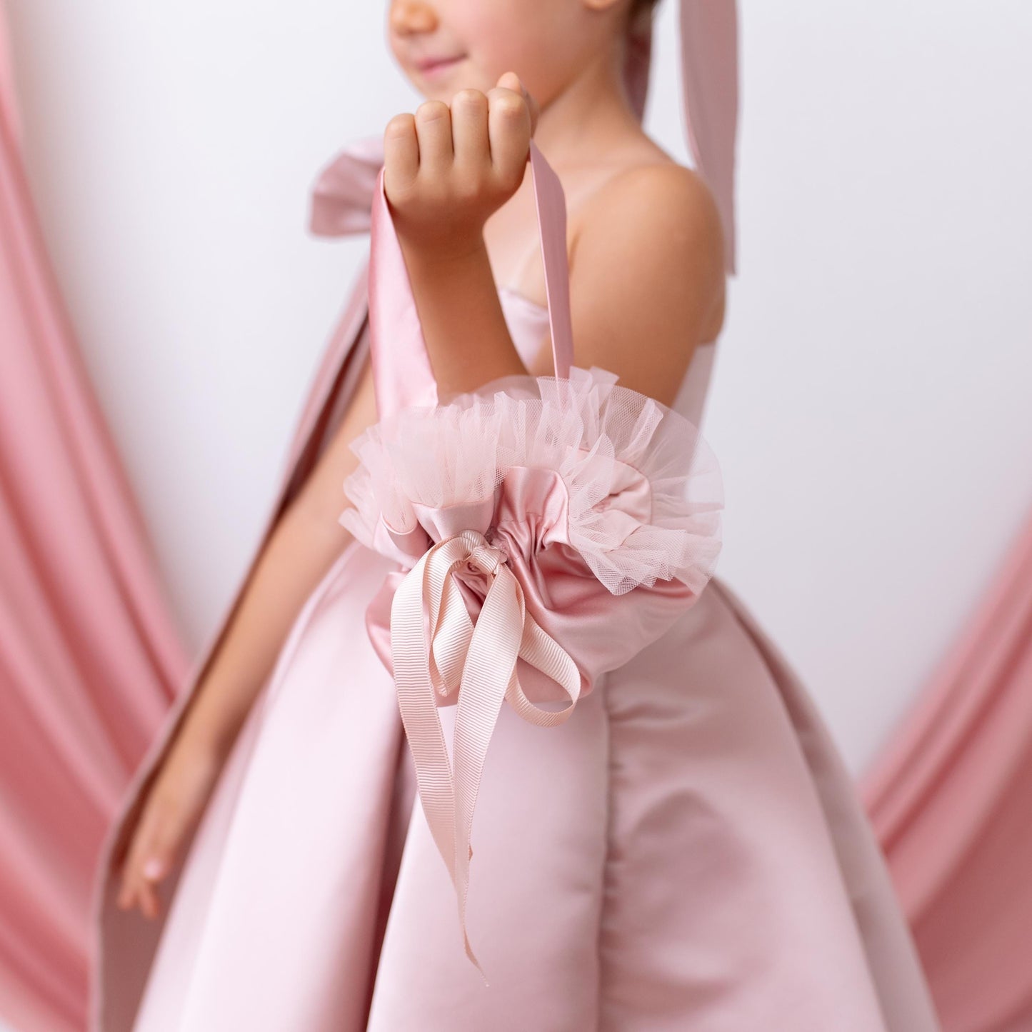 Elegant Blush Satin One Shoulder Flower Girl Dress with Oversized Bow