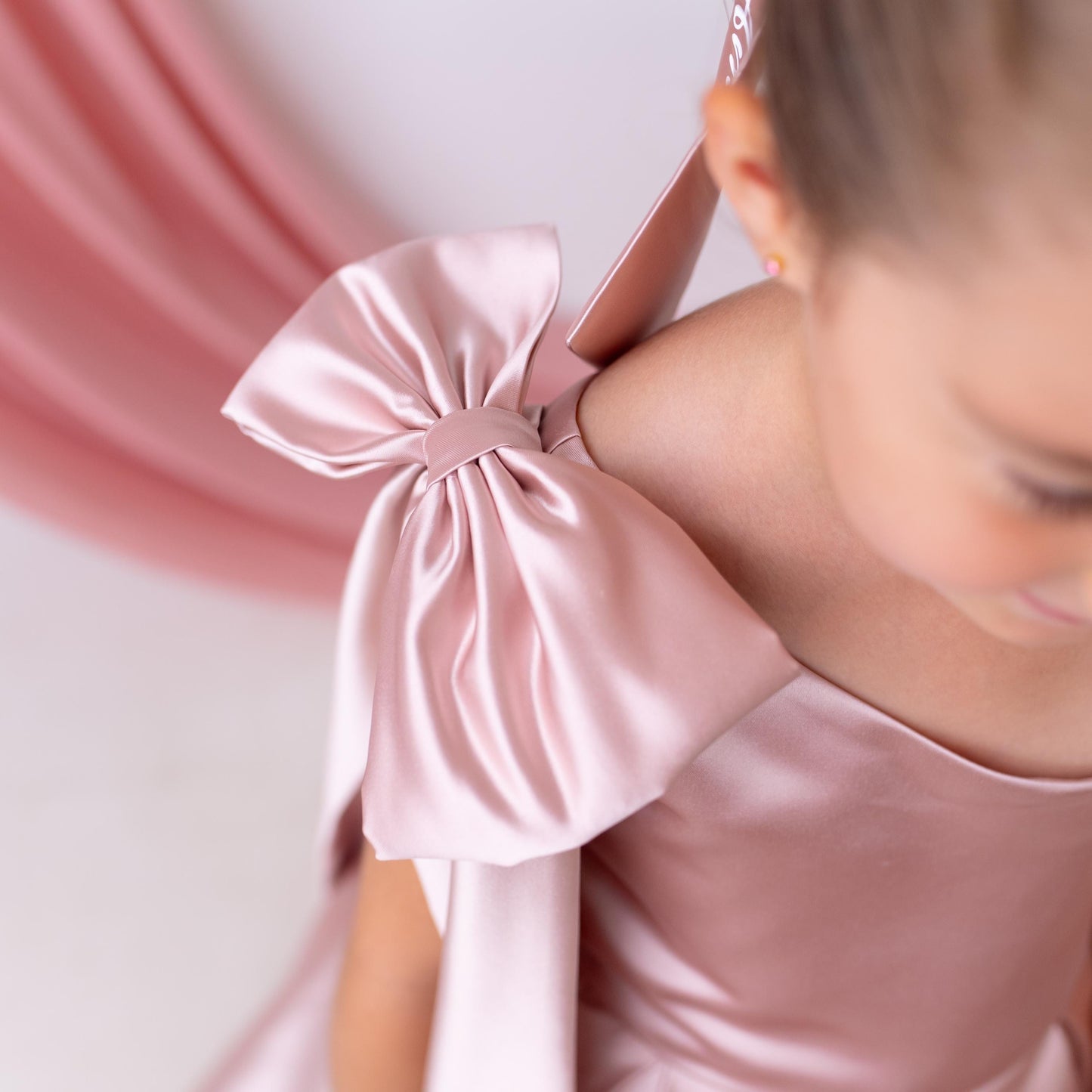 Elegant Blush Satin One Shoulder Flower Girl Dress with Oversized Bow