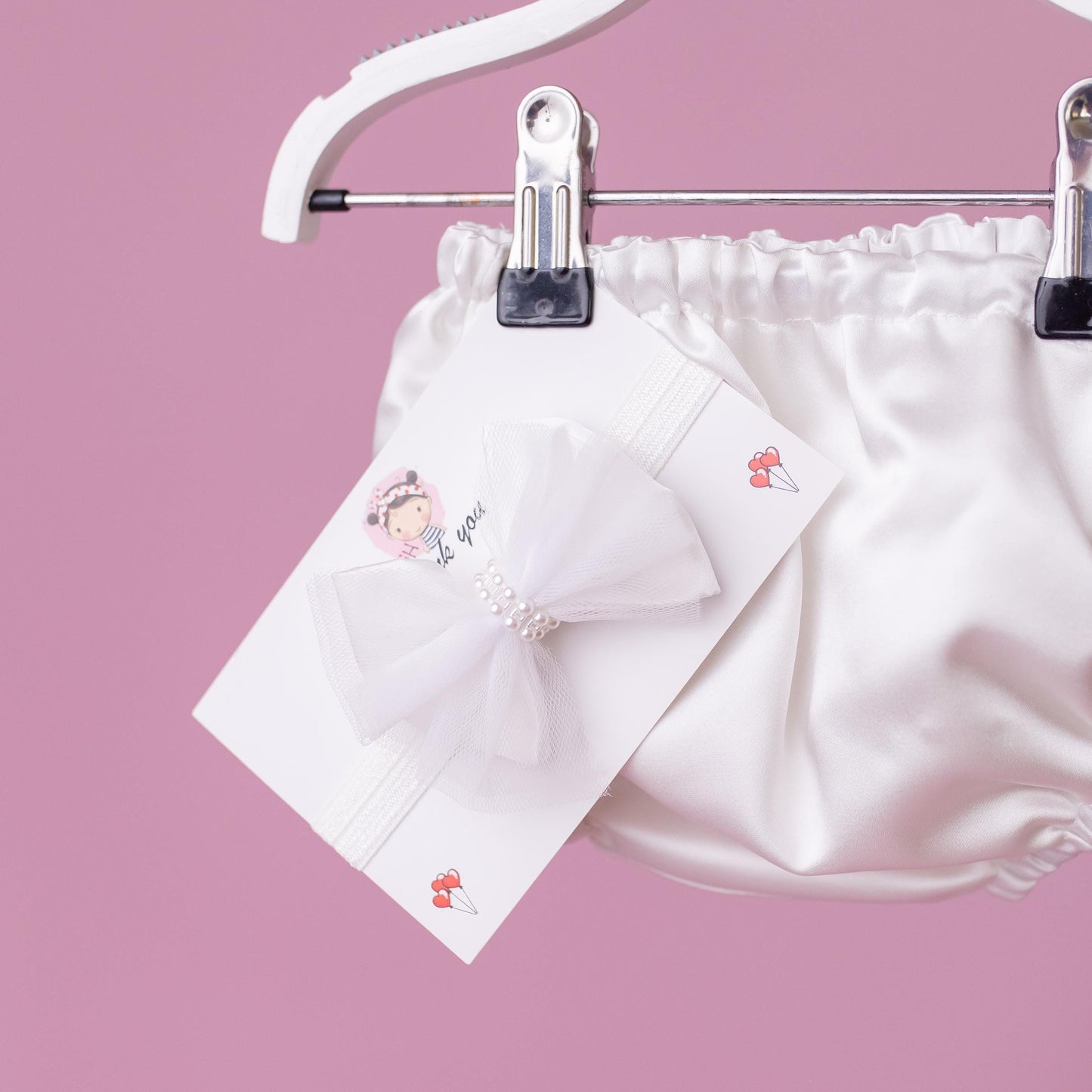 Elegant Pearl Tulle Satin Flower Girl Dress & Diaper Cover Set