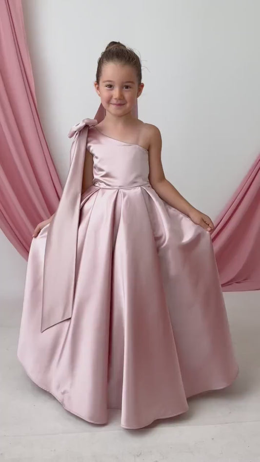 Elegant Blush Satin One-Shoulder Flower Girl Dress with Oversized Bow