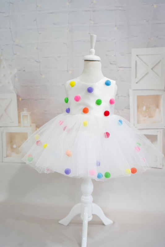Pompom Tulle Baby Girl Dress: Rainbow Fluffy Costume