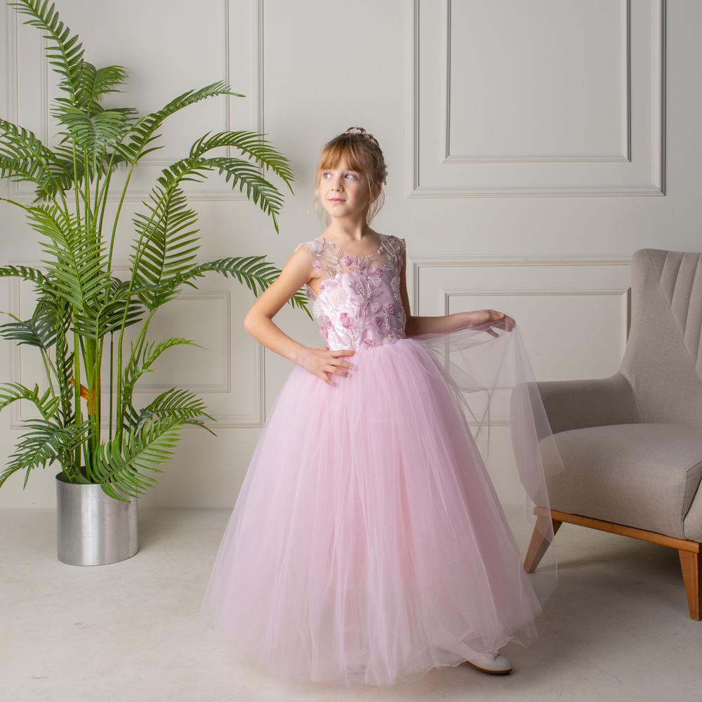 Blush Pink 3D Flower Girl Dress: Tulle & Lace Princess Gown