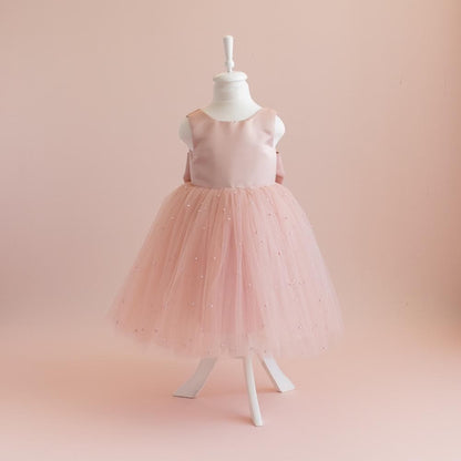Blush Pink Pearl Tulle Flower Girl Dress: Satin Bodice, Bow Accent
