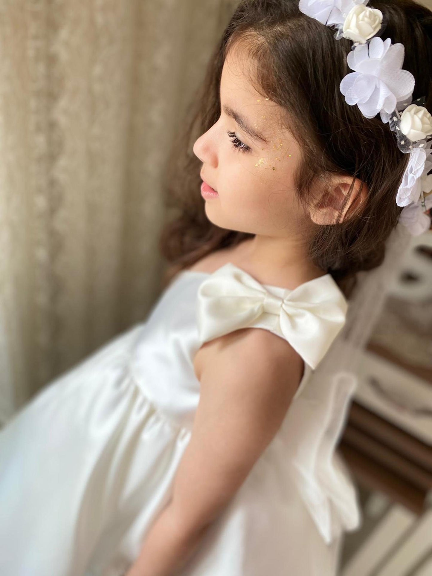 Satin  Flower Girl and Communion Dress: One Shoulder Tulle, Big Bow