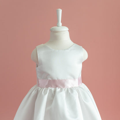 White Satin Flower Girl Dress: Big Bow, Floor Length