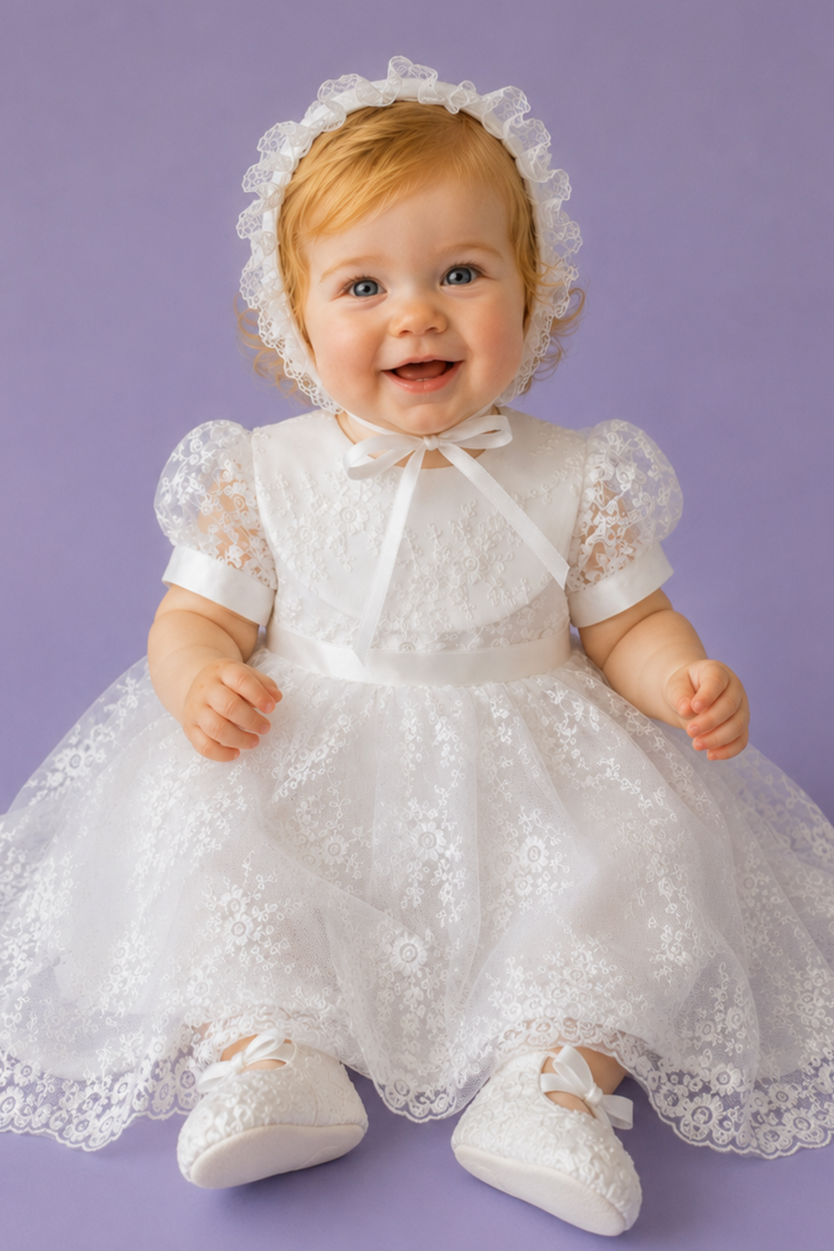 Handmade Baby Girl Baptism Dress White Lace Christening Gown with Bonnet Heirloom Blessing Outfit