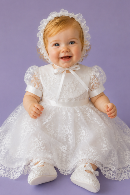 Handmade Baby Girl Baptism Dress White Lace Christening Gown with Bonnet Heirloom Blessing Outfit