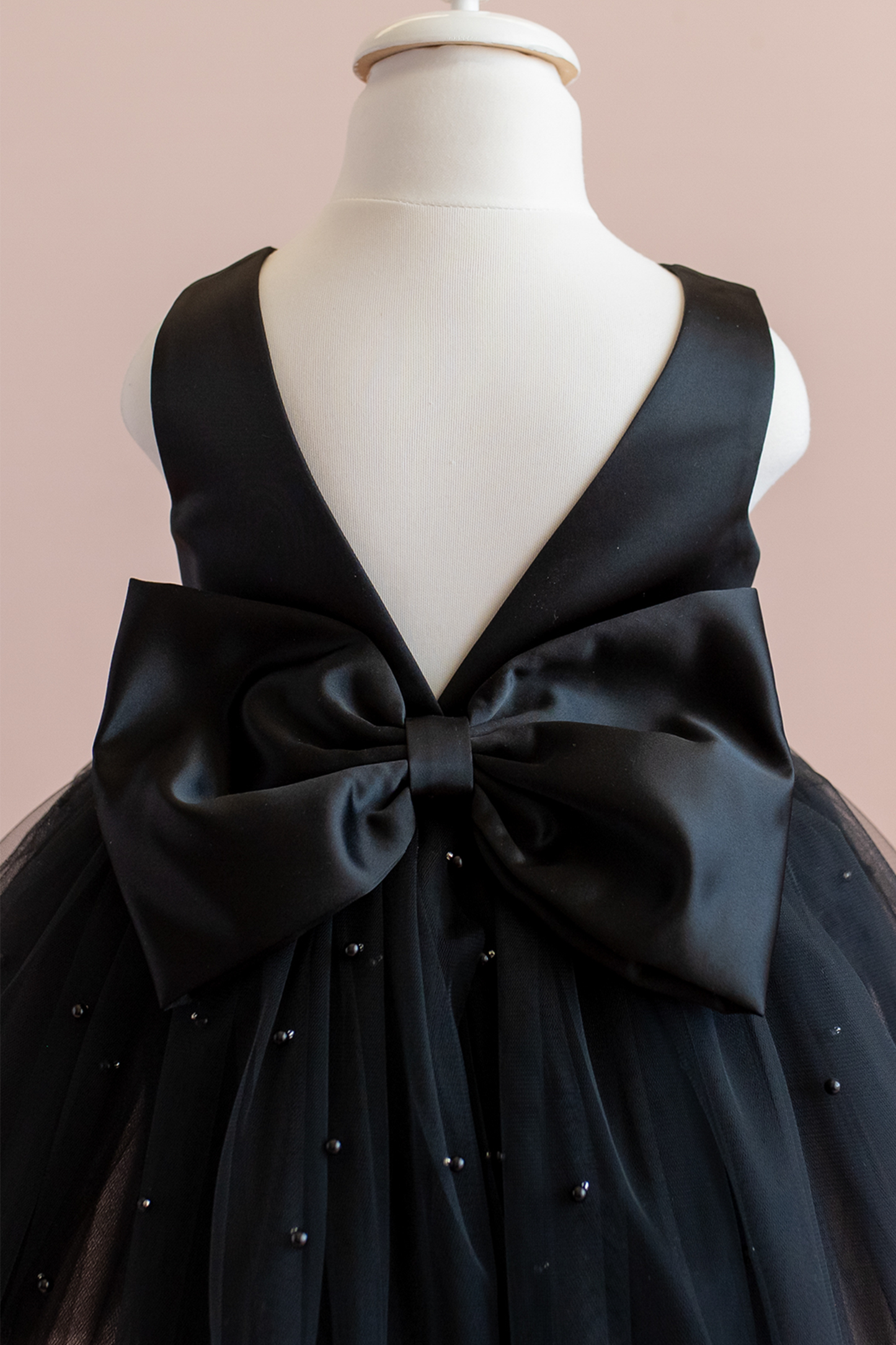 Black Pearl Tulle Flower Girl Dress: V-Back Bow Gown
