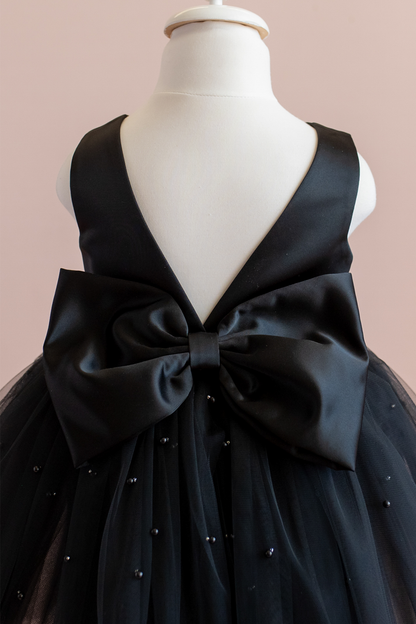 Black Pearl Tulle Flower Girl Dress: V-Back Bow Gown