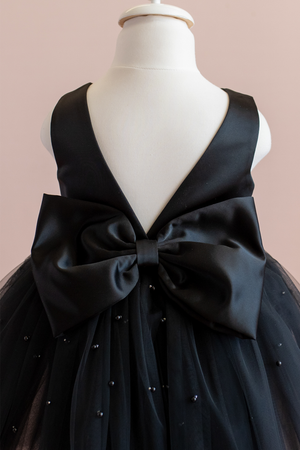 Black Pearl Tulle Flower Girl Dress: V-Back Bow Gown