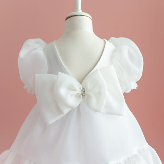 White Organza Flower Girl Dress with Bow: First Communion, Party Dress