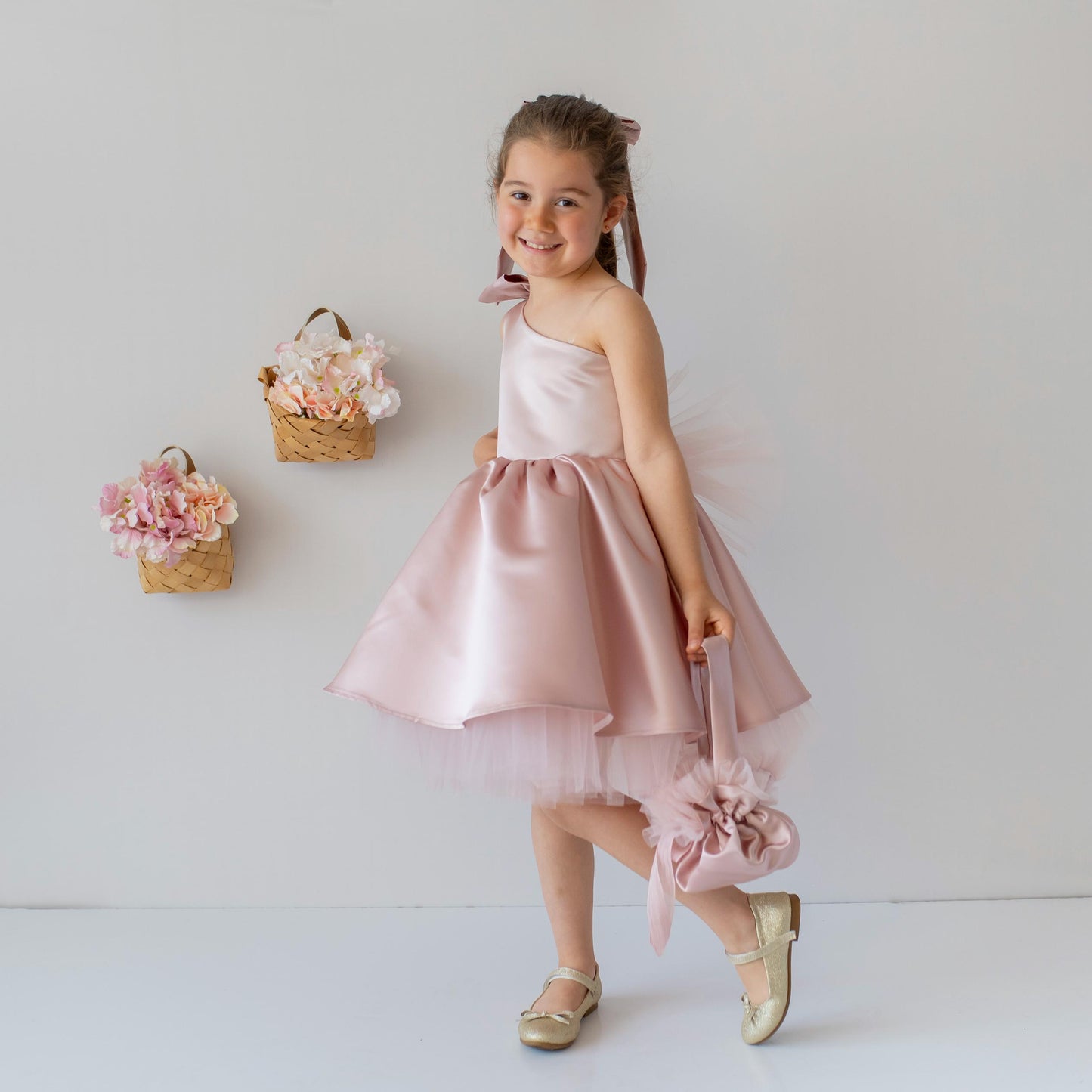 Blush Pink Satin Flower Girl Dress: One-Shoulder Tulle Bow