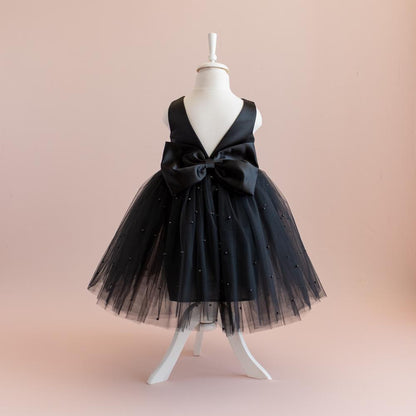 Black Pearl Tulle Flower Girl Dress: V-Back Satin Bow Gown